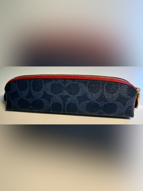 Coach Handbags - COACH pencil case signature canvas navy with red trim